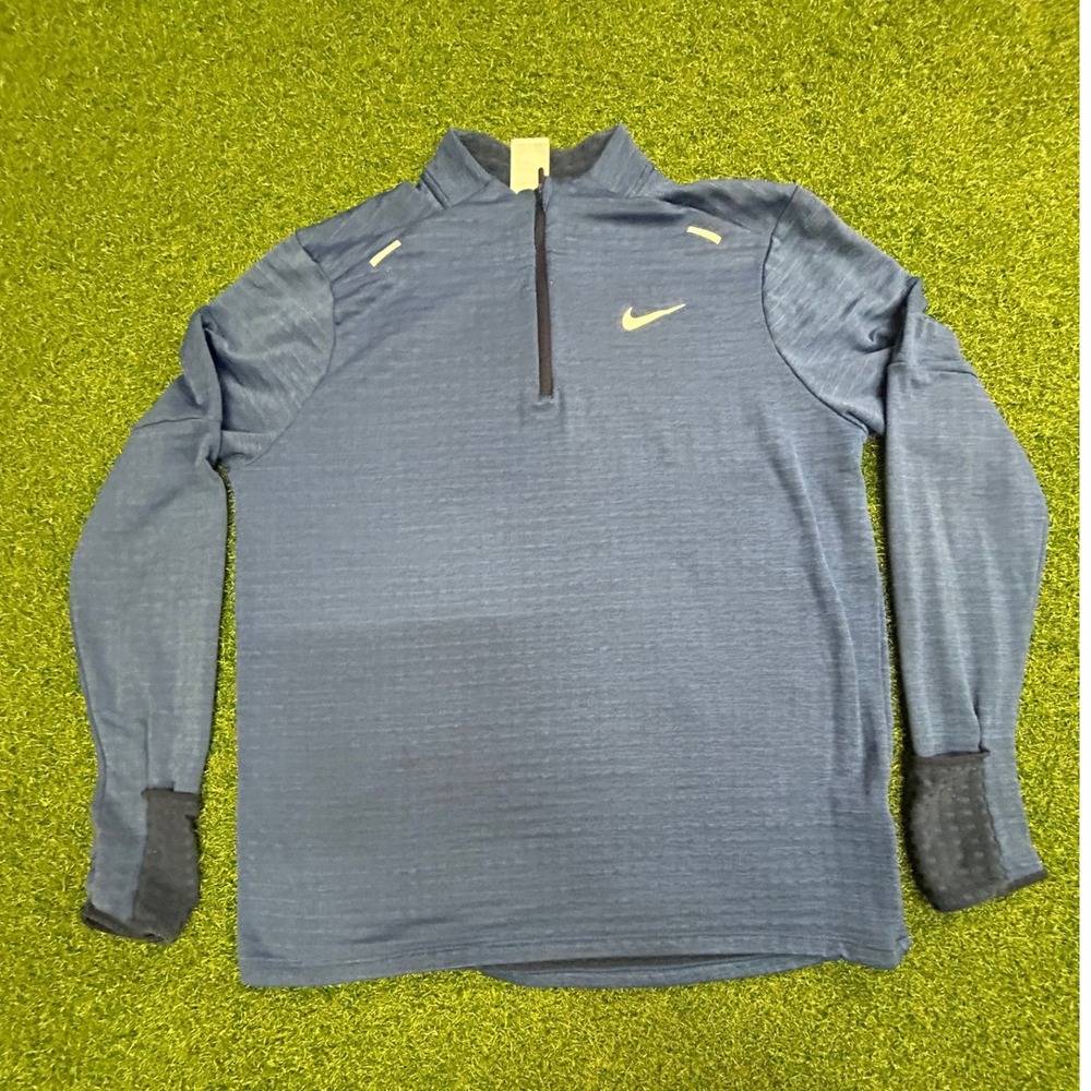 Nike Running Therma-FIT Mens Large Blue 1/4 Zip Pullover Waffle Knit Thumbholes